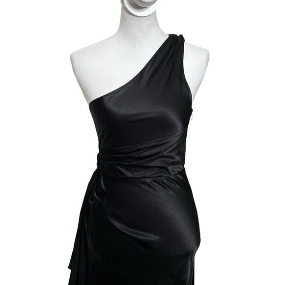 Meshki Black Calliope One Shoulder Maxi Dress Satin Draped Womens Size XS - Picture 3 of 10